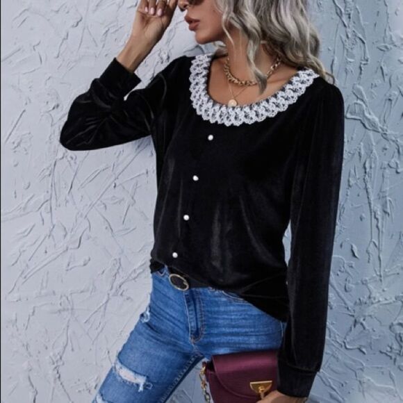 Shein Romantic Gothic Lace Trim and Pearls Velvet Long Sleeve Top Black Sz M (6) - Picture 1 of 14